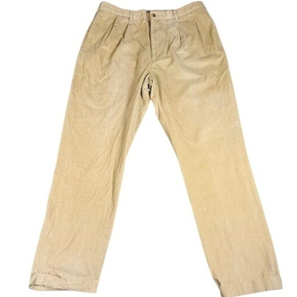 Alan Flusser Pants Mens 38x32 Tan Corduroy Pleated Cuffed Cotton Trousers Beige